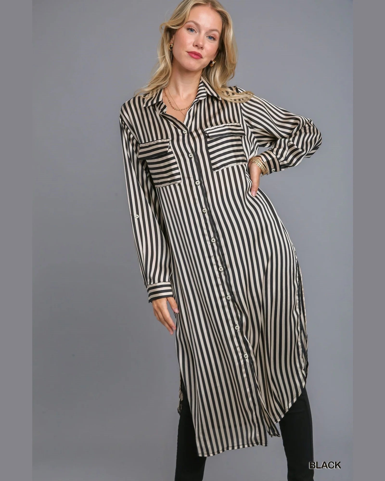 Striped Long Sleeve Button Down Midi Dress