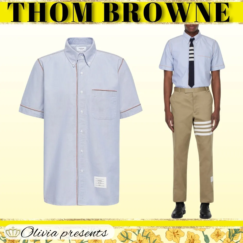 THOM BROWNE  |Button-down Plain Cotton Short Sleeves Logo Designers Shirts