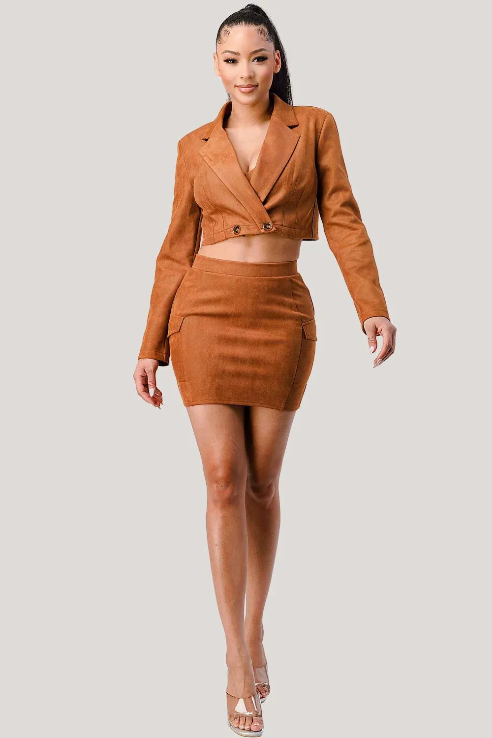 Three Piece Blazer Mini Skirt Set - Camel