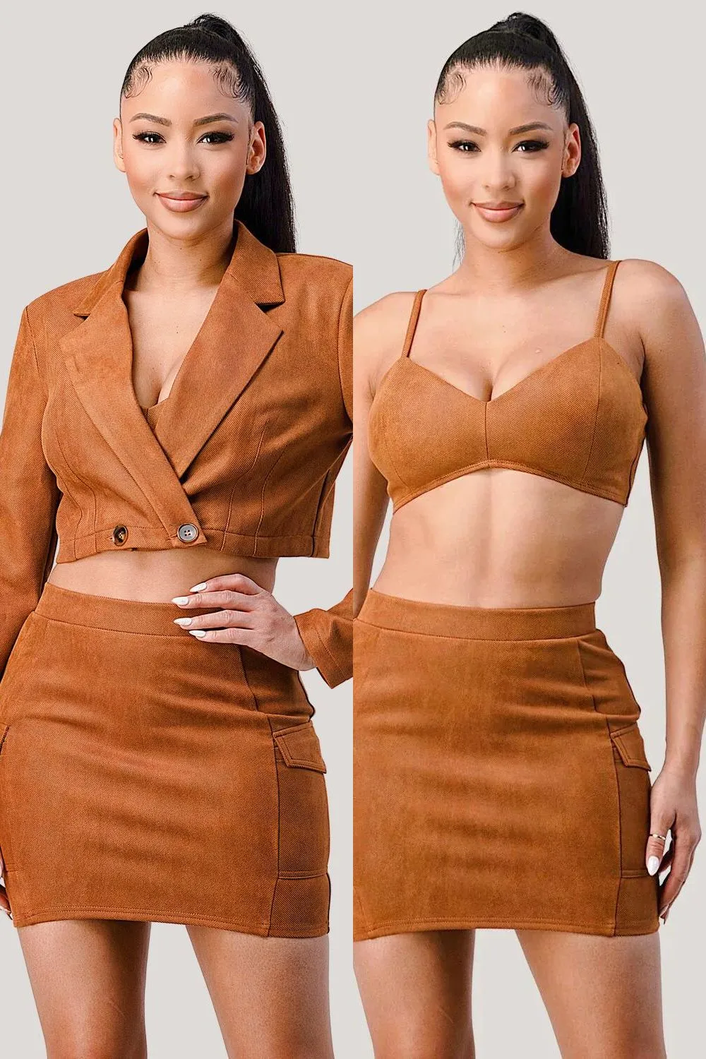 Three Piece Blazer Mini Skirt Set - Camel