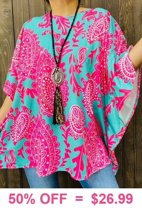 Turquoise Poncho with Pink paisley print