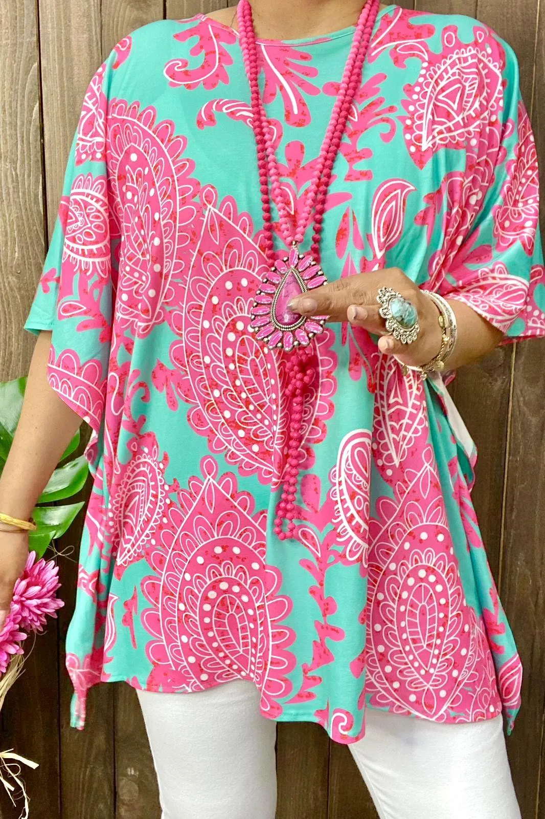 Turquoise Poncho with Pink paisley print