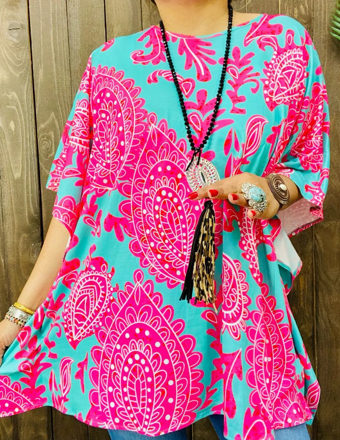 Turquoise Poncho with Pink paisley print