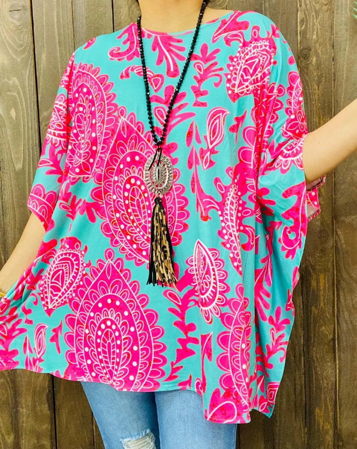 Turquoise Poncho with Pink paisley print