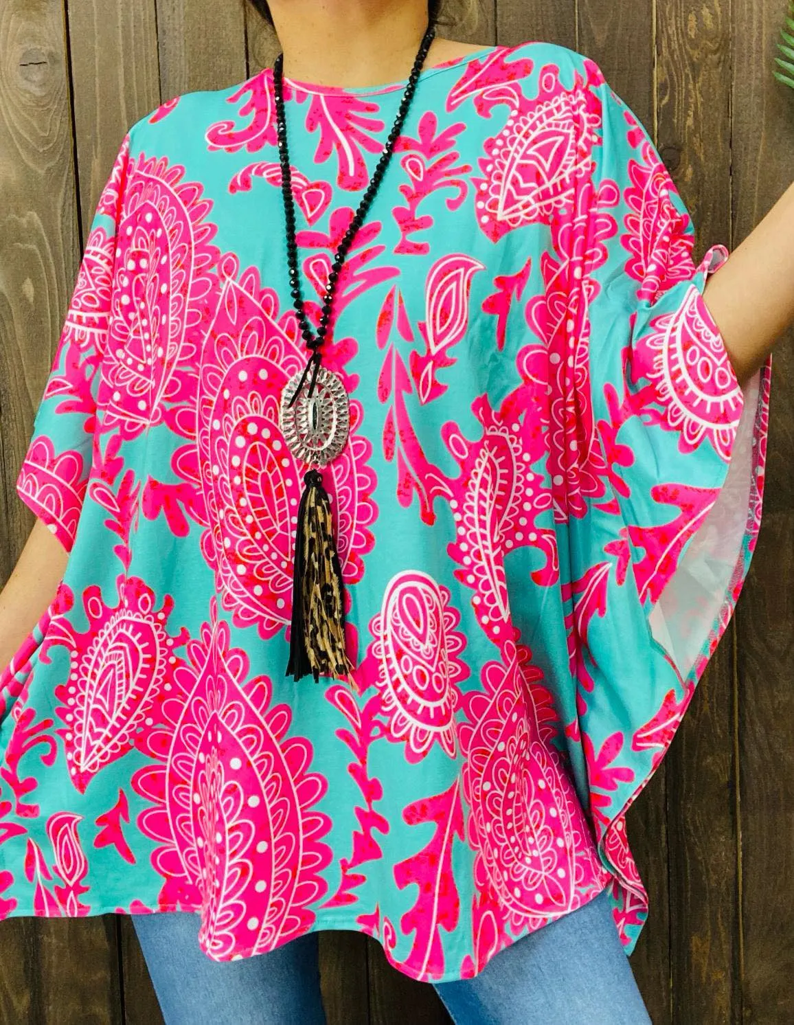 Turquoise Poncho with Pink paisley print