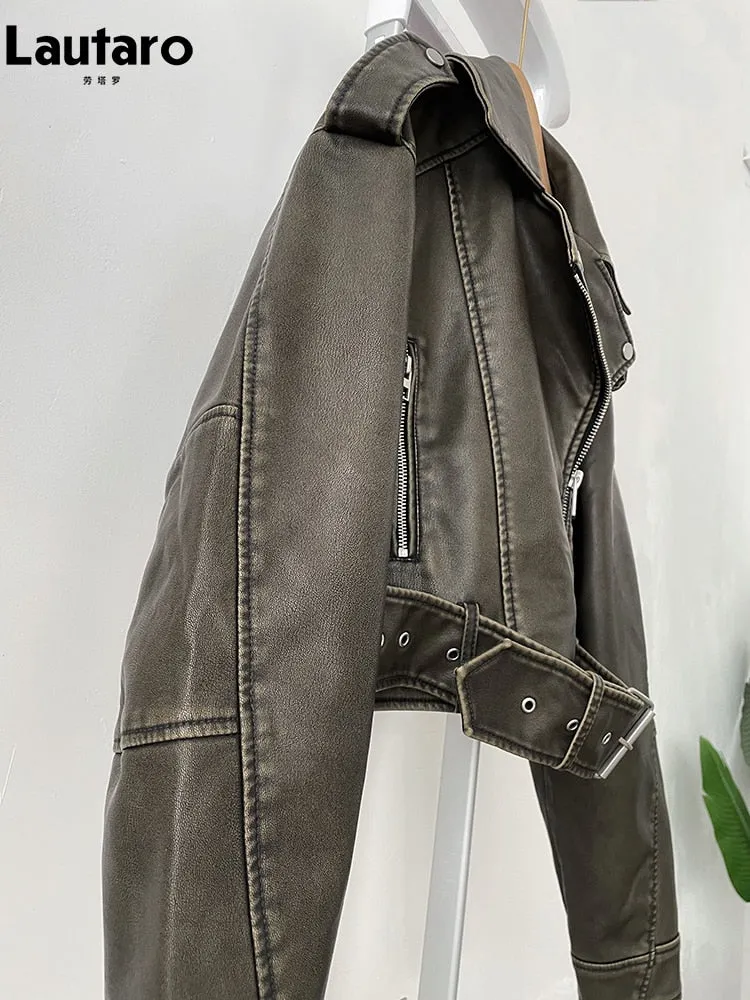 Vintage PU Leather Spring Autumn Cool Short Loose Pu Leather Biker Jacket Women Zipper Blet Retro Female European Fashion Street