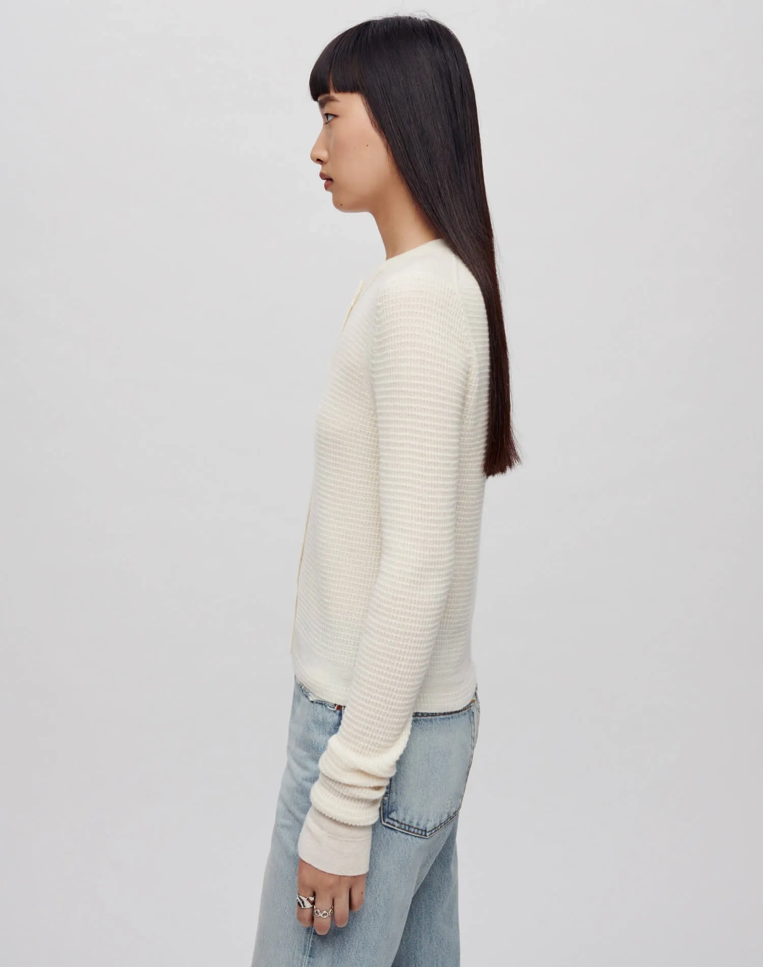 Waffle Slim Cardigan - Ecru