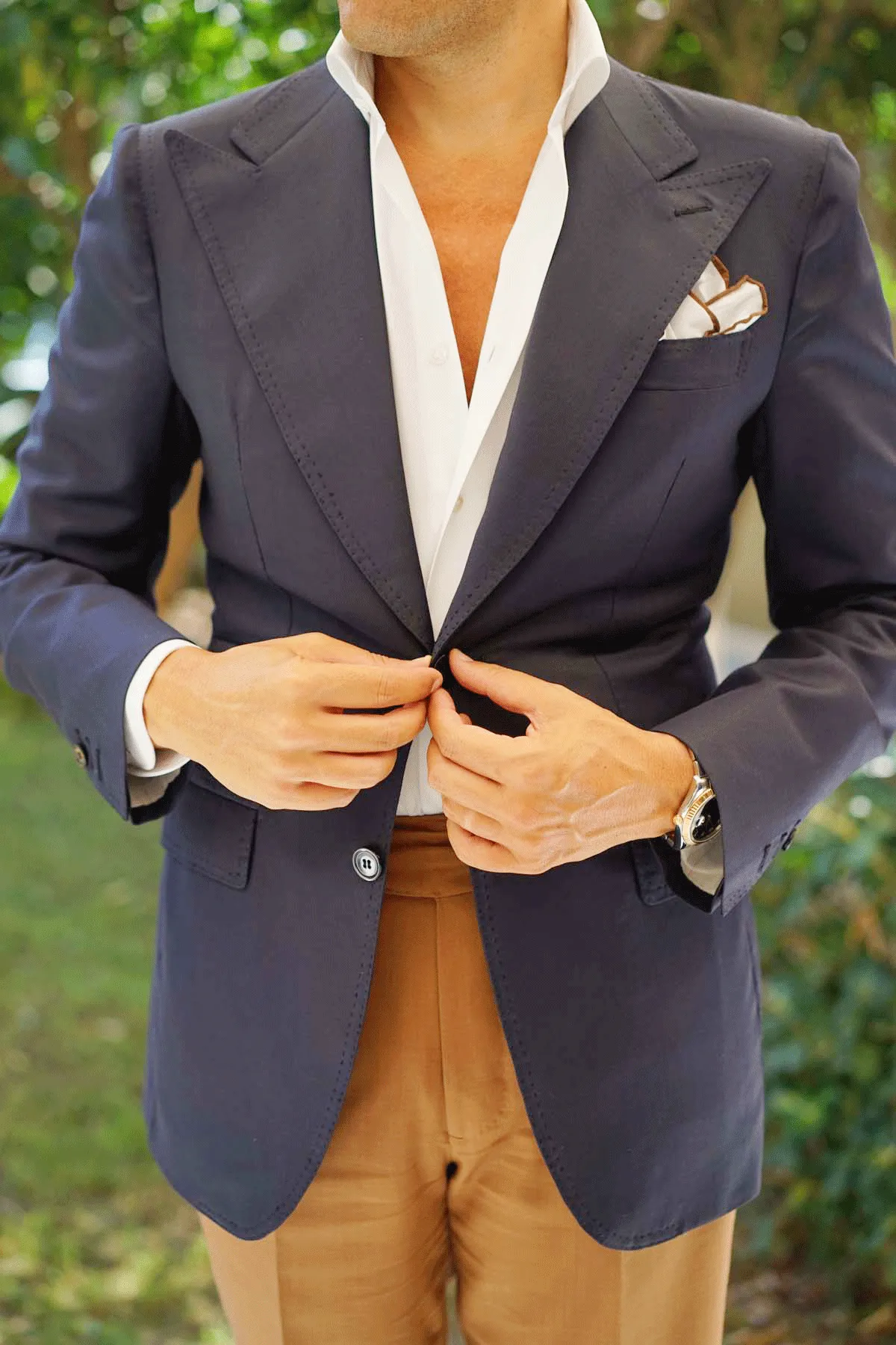 White Cotton Pocket Square with Brown Border