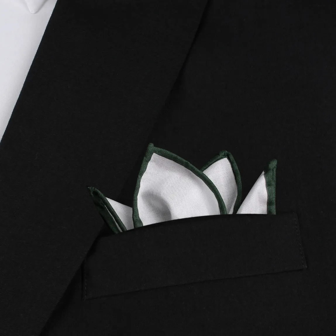 White Cotton Pocket Square with Dark Green Border