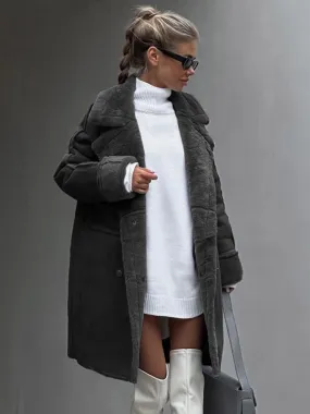 Winter Coat Lapel Plush Sleeves Solid Color Fall Winter Outerwear For Women