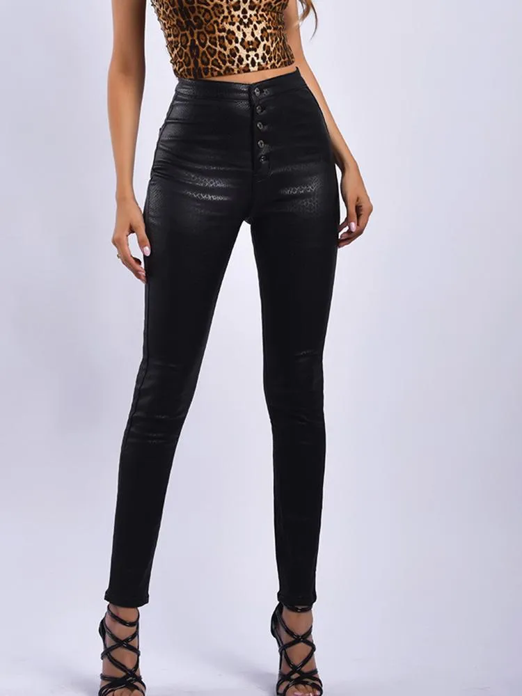 Women Black Leggings PU Leather Like High Waisted Button Skinny Leggings