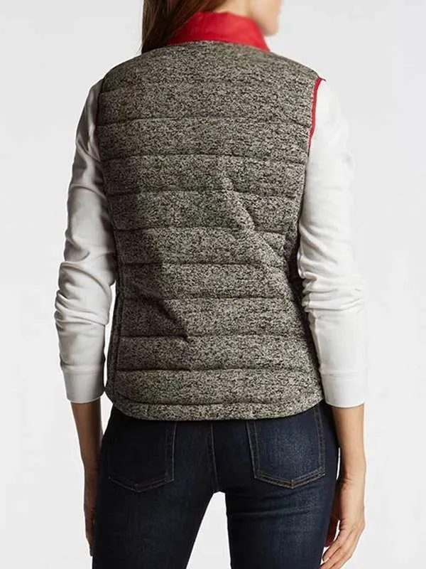 Women Casual Red and Grey Puffer Vest - New American Jackets