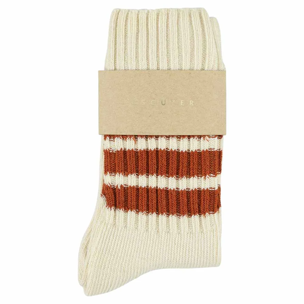 Women Stripes Crew Socks - Ecru / Rust